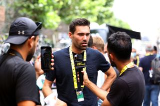 om Dumoulin of Netherlands ex pro rider meets the media press at start prior to the stage eleven of the 110th Tour de France 2023 a 179.8km from Clermont-Ferrand to Moulins / #UCIWT / on July 12, 2023 in Clermont-Ferrand, France.