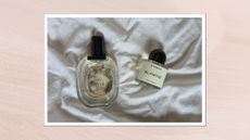 A picture of Diptyque's L'eau Papier and Byredo's Blanche laid out on a white linen shirt, photographed by Digital Beauty Writer, Naomi Jamieson and featured in a pastel pink template