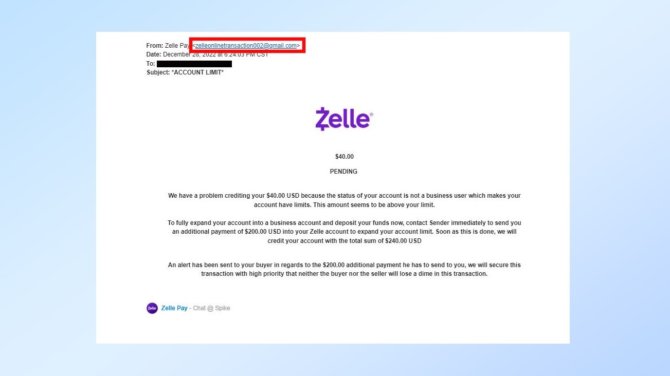 Una captura de pantalla de un correo electrónico fraudulento que se hace pasar por Zelle