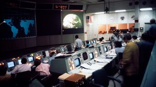 Mission Operations Control Room at the Mission Control Center on April 16, 1972.