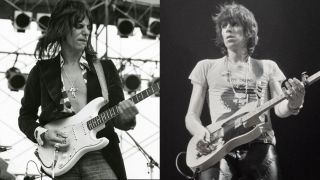 Jeff Beck at World Rock Festival at Kohrakuen Baseball Studiam in Tokyo, Japan, 7th August 1975; and Keith Richards performing with the Rolling Stones,circa 1976.