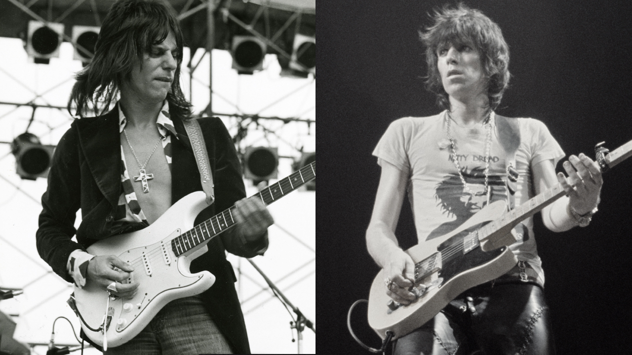 Jeff Beck at World Rock Festival at Kohrakuen Baseball Studiam in Tokyo, Japan, 7th August 1975; and Keith Richards performing with the Rolling Stones,circa 1976.