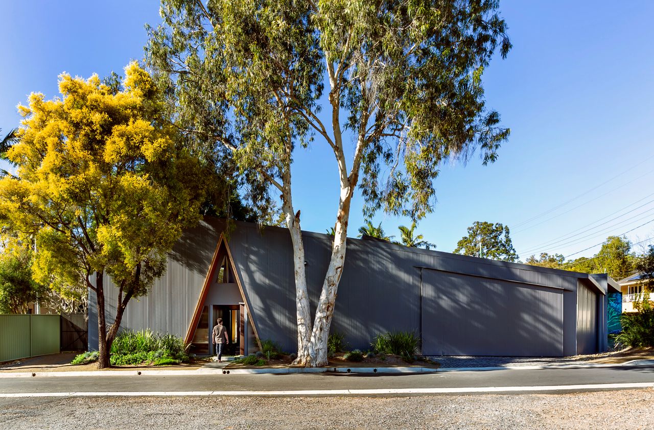 peekaboo house&#039;s view from the street and its sloped roof