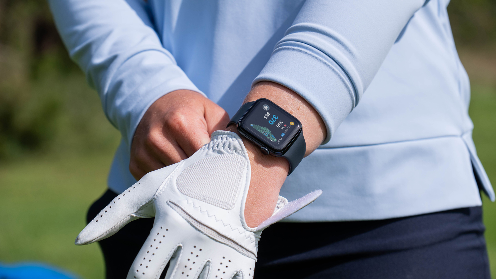 A close up of an Apple Watch with Shot Scope on it