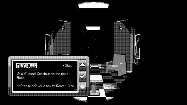 A scene from a black-and-white pixelated 3D video game inspired by Severance called Pager