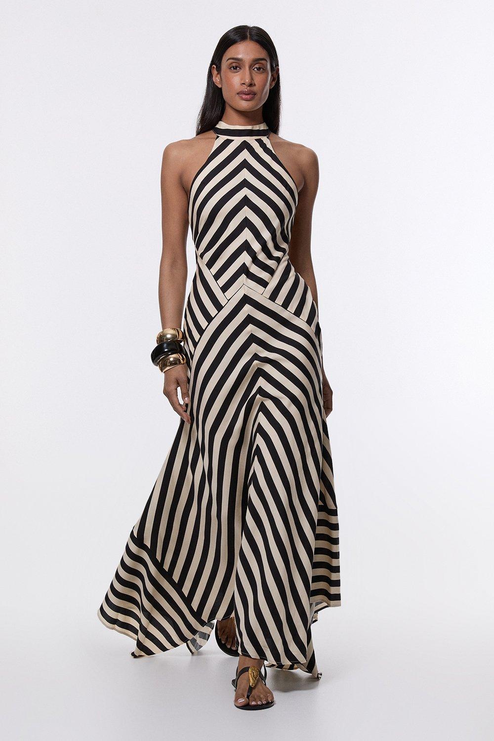 Tall Mono Fluid Stripe Cotton Mix Woven Maxi Halter Dress