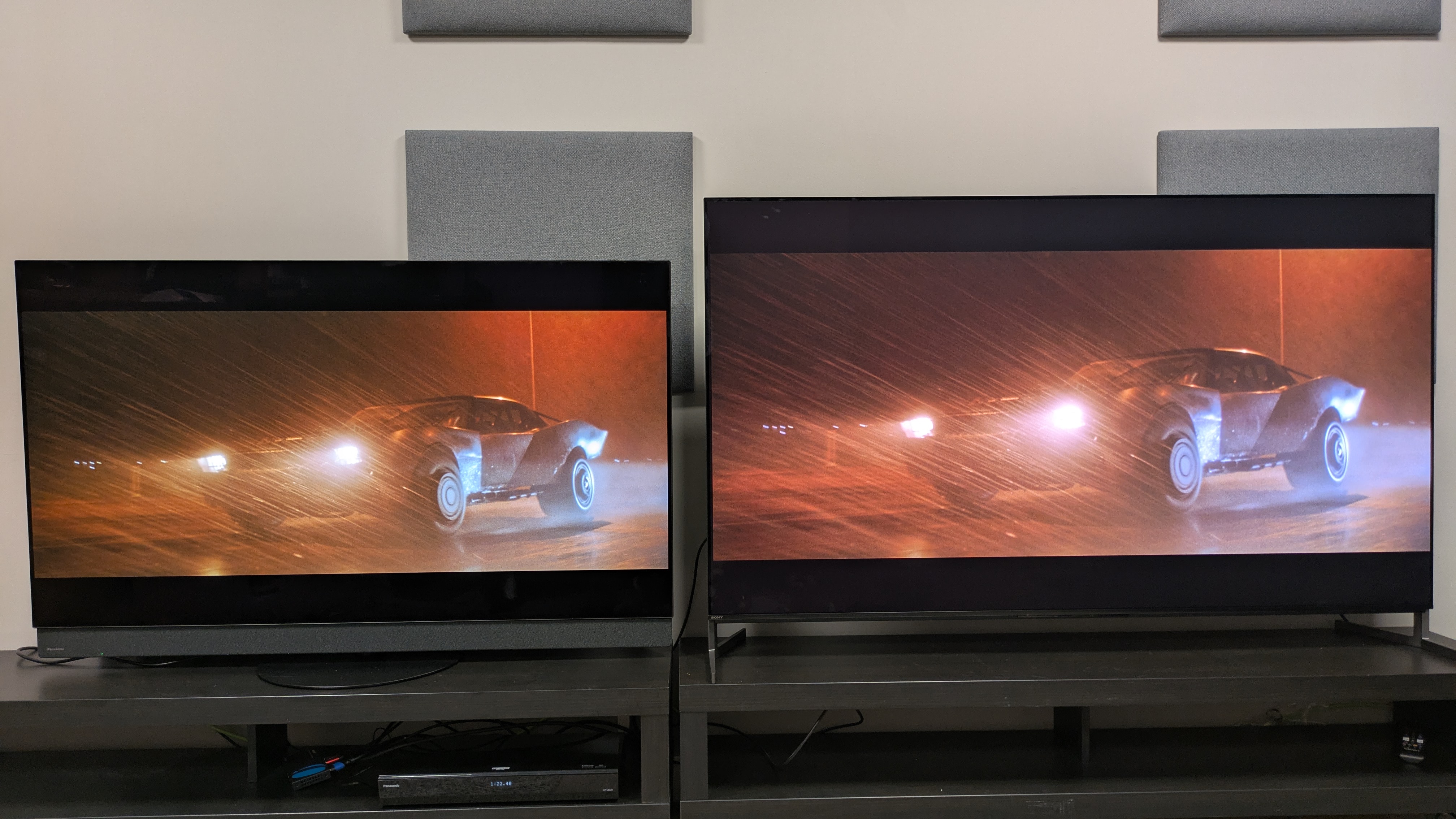 Panasonic Z95B (left) and Sony Bravia 8 II (right) displaying the Batmobile from The Batman