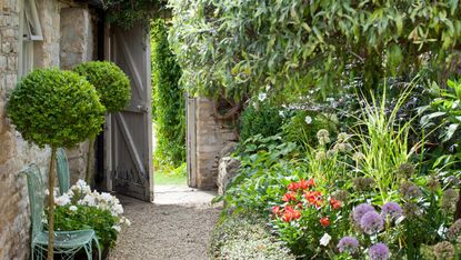 side garden ideas with gate gravel and potted plants