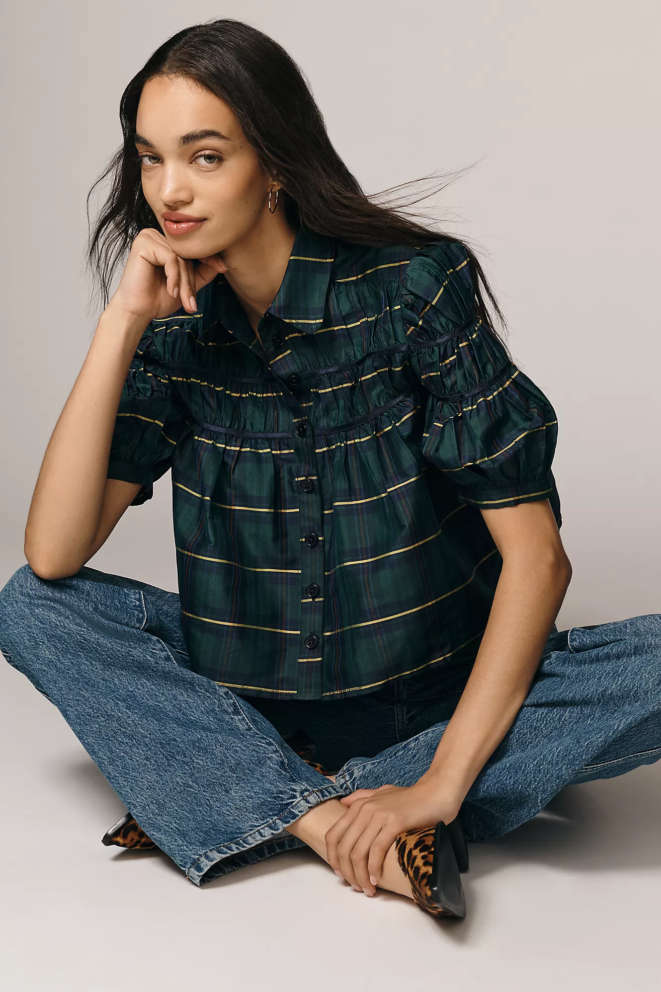 The Leandra Taffeta Shirred Yoke Blouse by Maeve