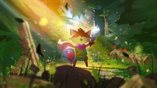 Tunic stands in a brightly lit forest clearing holding a sword and shield