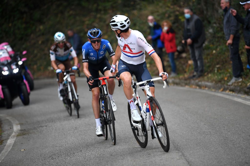 SAN DANIELE DEL FRIULI ITALY OCTOBER 20 Ben Oconnor of Australia and NTT Pro Cycling Team Ben Swift of The United Kingdom and Team INEOS Grenadiers Breakaway during the 103rd Giro dItalia 2020 Stage 16 a 229km stage from Udine to San Daniele Del Friuli 249m girodiitalia Giro on October 20 2020 in San Daniele Del Friuli Italy Photo by Tim de WaeleGetty Images