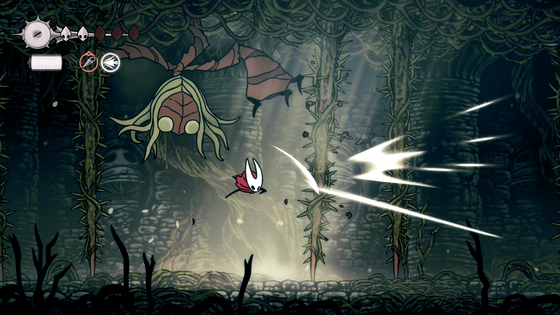 Hornet attacks Sister Splitner's ivy in Hollow Knight: Silksong