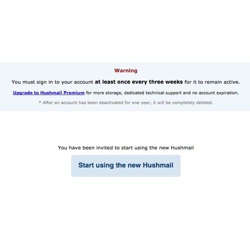 Hushmail image: Hushmail requires that you sign in at least once every three weeks to keep your account active.