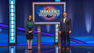 'Jeopardy!' host Mayim Bialik with winning contestant lawyer Steve Clarke.