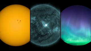 three panel image showing the sun on the left, the solar flare erupting in the center and a view of the northern lights on the right