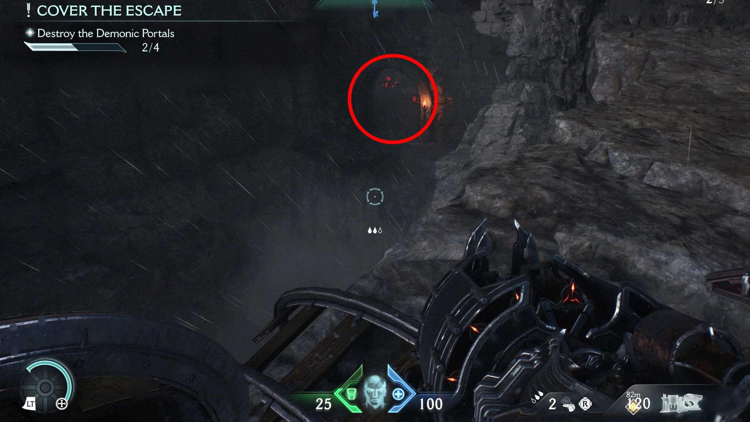 Doom: The Dark Ages Village of Khalim secrets - A hidden cave in a cliff fac, highlighted by a red circle.