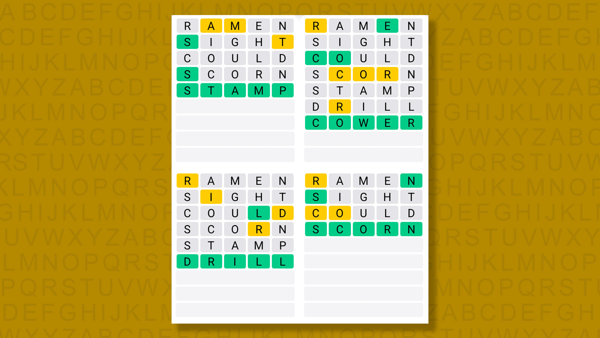 Quordle answers for game 1355 on a yellow background