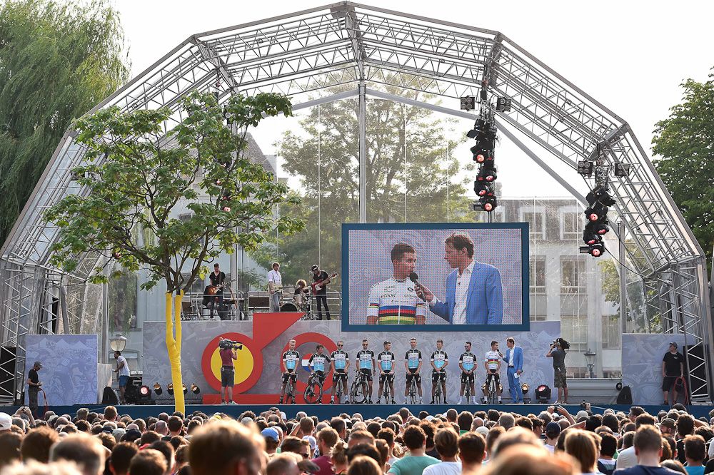 Etixx-QuickStep on stage during the 2015 Tour de France team presentation in Utrecht