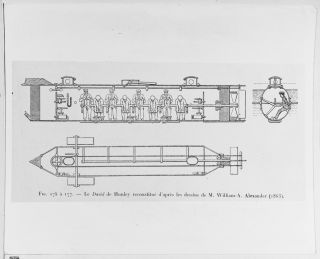 A cutaway drawing published in France shows the H.L. Hunley's impressive crank-powered propeller. The sub was so cramped, crewmembers could not stand up straight.