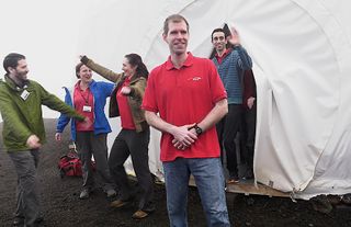 The six-person crew of the one-year HI-SEAS mock Mars mission emerges from a habitat on Mauna Loa in Hawaii on Aug. 28, 2016.