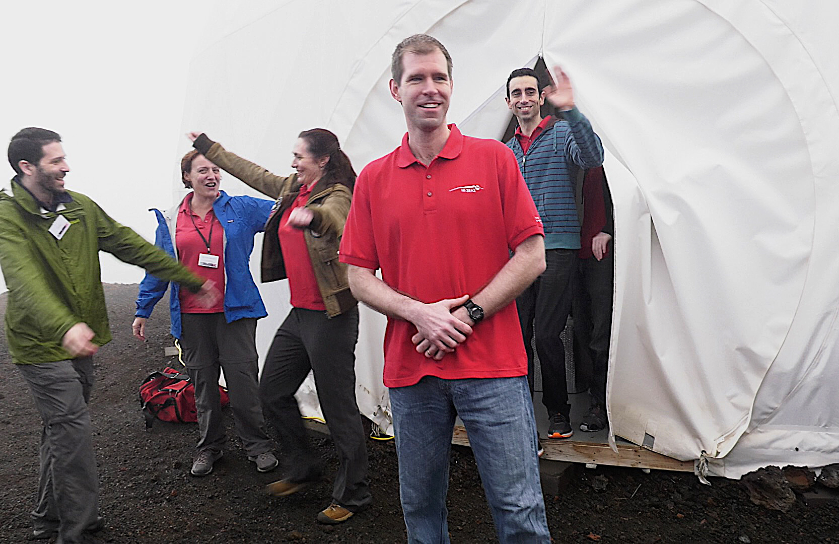 The six-person crew of the one-year HI-SEAS mock Mars mission emerges from a habitat on Mauna Loa in Hawaii on Aug. 28, 2016.