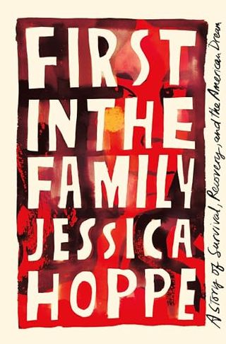 First in the Family book cover with the title over a red hued illustration of a woman's face