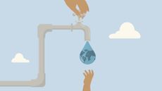 Hand turning faucet with water droplet with planet while another hand reaches for it