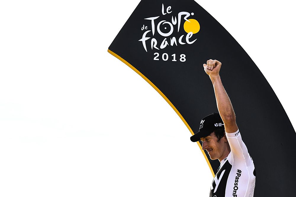 Geraint Thomas (Team Sky) on the final podium at the Tour de France