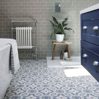 Bathroom with blue units and blue and white patterned floor