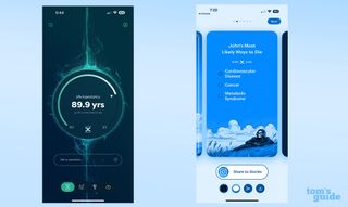 Screenshots showing the Death Clock AI app on a light blue background