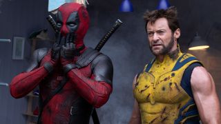 Deadpool (Ryan Reynolds) looking shocked standing next to Wolverine (Hugh Jackman) in Deadpool & Wolverine