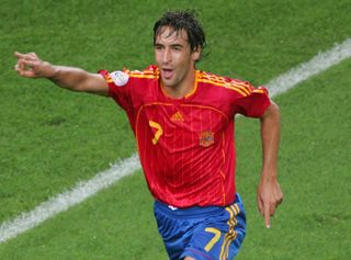 Raul Gonzalez celebrates scoring a goal for Spain against Tunisia at the 2006 World Cup.