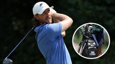 Tommy Fleetwood hits a driver with a close up of his bag