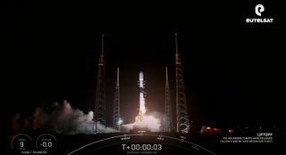 A SpaceX Falcon 9 rocket launches Eutelsat's Hotbird 13F satellite to orbit on Oct. 15, 2022.