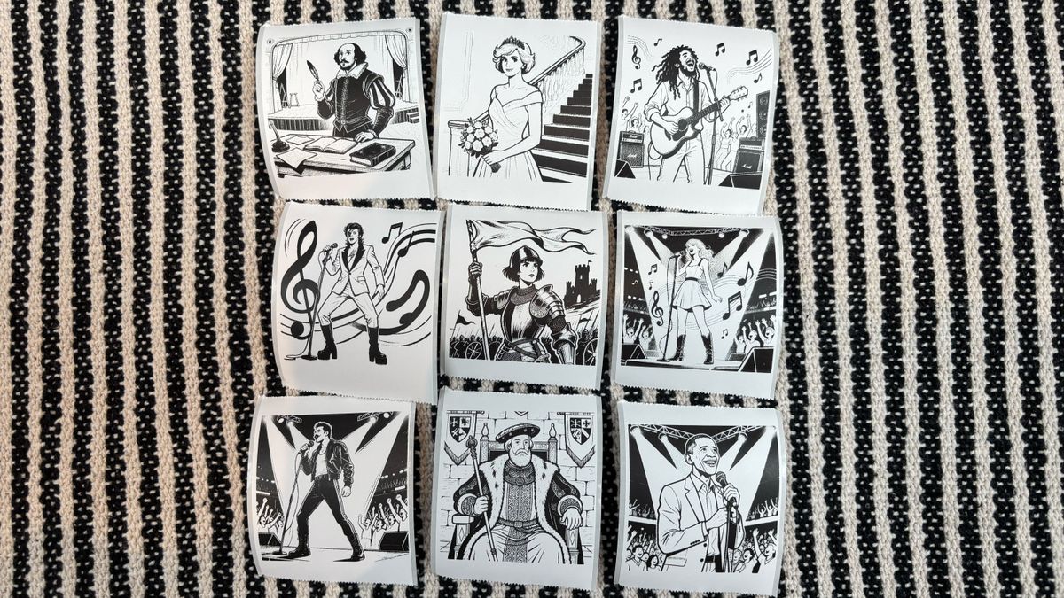 A pile of custom stickers showing different famous people and historical figures