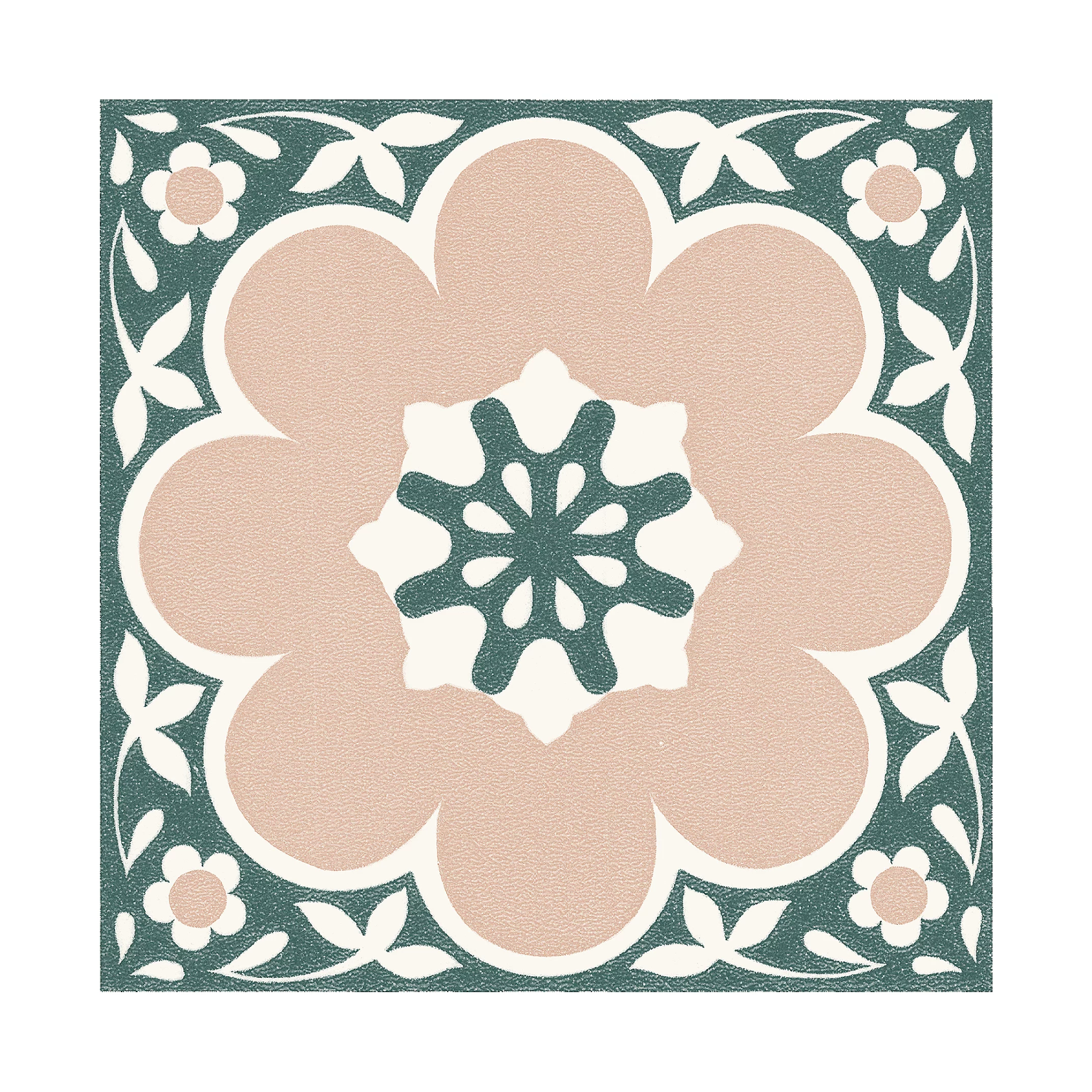 a peel and stick floor tile with a floral motif in pink and green