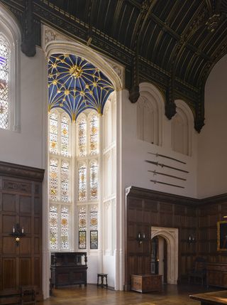 View of the Oriel window with repainted vault and armorial stained glass window by Anthony Bristow to remember previous owners and inhabitants