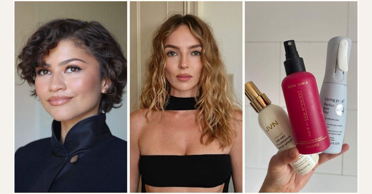 Zendaya and Jodie Comer with curly hairstyles and Mica Ricketts holding selection of the best curl refresh sprays