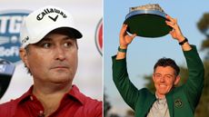 (left) a headshot of Kevin Kisner looking on and (right) Rory McIlroy lifting up The Masters trophy following his win in 2026