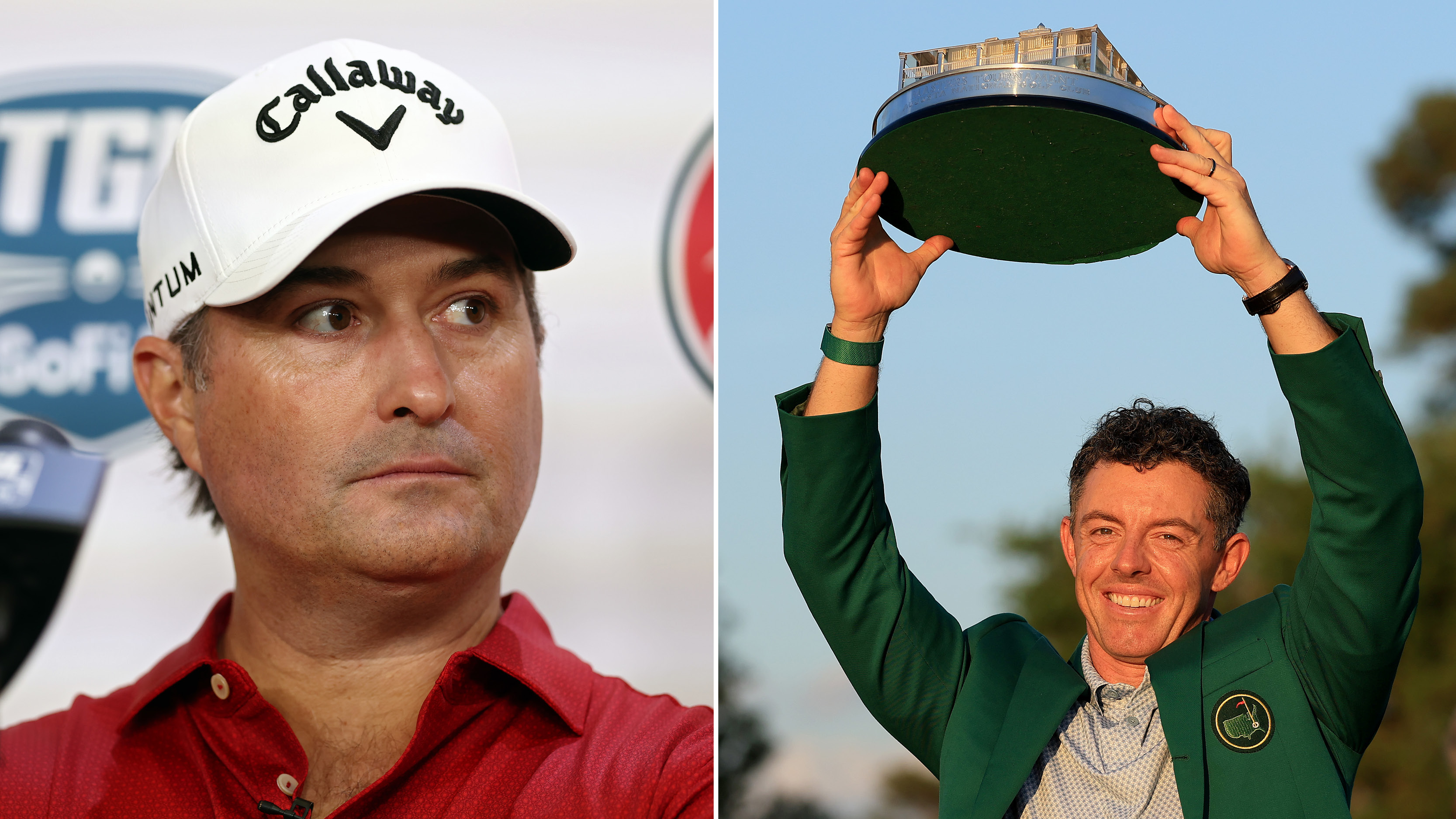 (left) a headshot of Kevin Kisner looking on and (right) Rory McIlroy lifting up The Masters trophy following his win in 2026