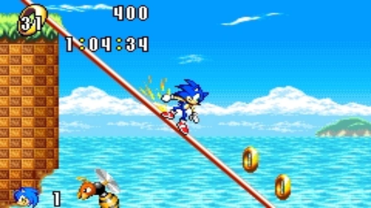 During Sonic Advance on the Game Boy Advance, Sonic grinds down a beam towards some gold rings