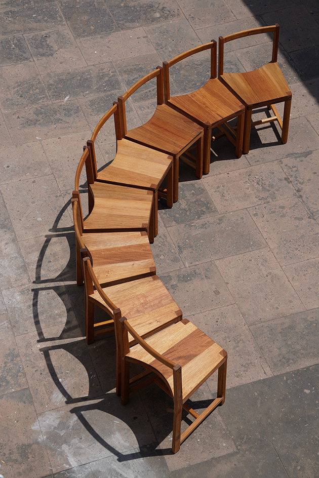 wooden chairs by Lanza Atelier for the Serpentine Pavilion 2026