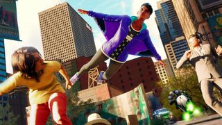 Saints Row factions - a character flying in a city with a wingsuit
