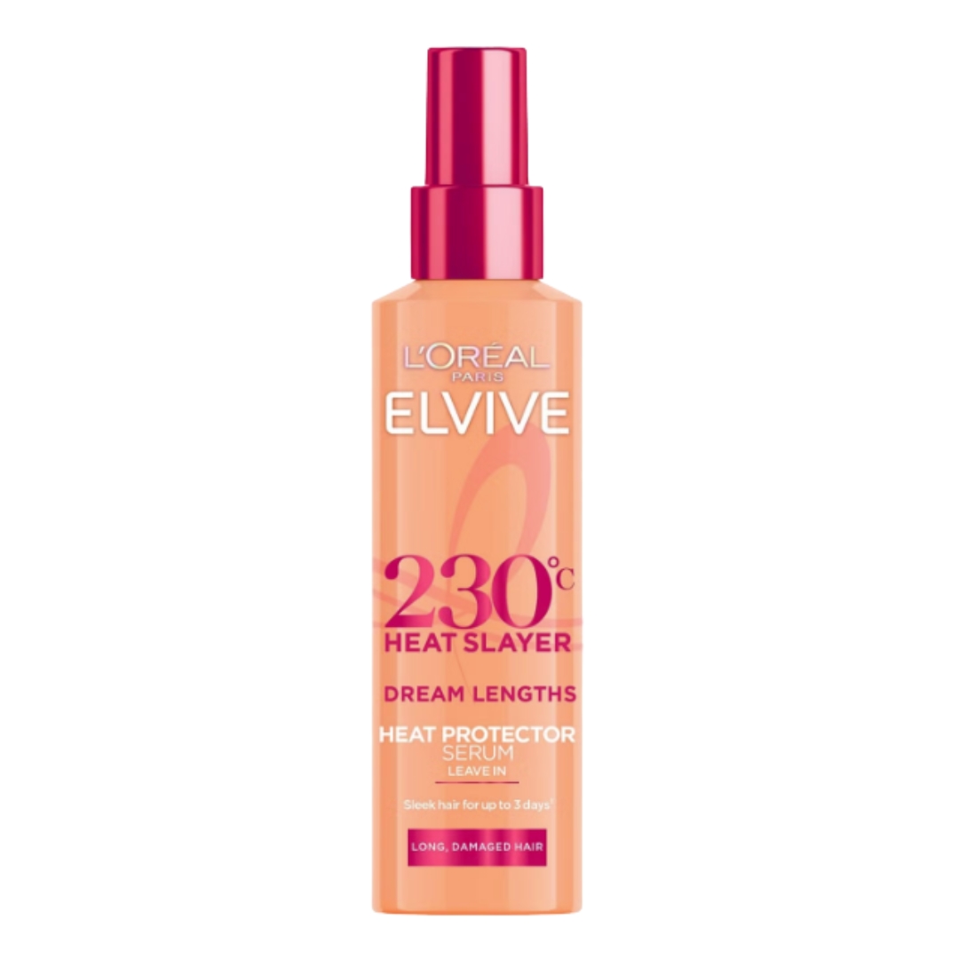 A product shot of the L'Or&amp;eacute;al Paris Elvive Dream Lengths Heat Slayer Spray, on a white background