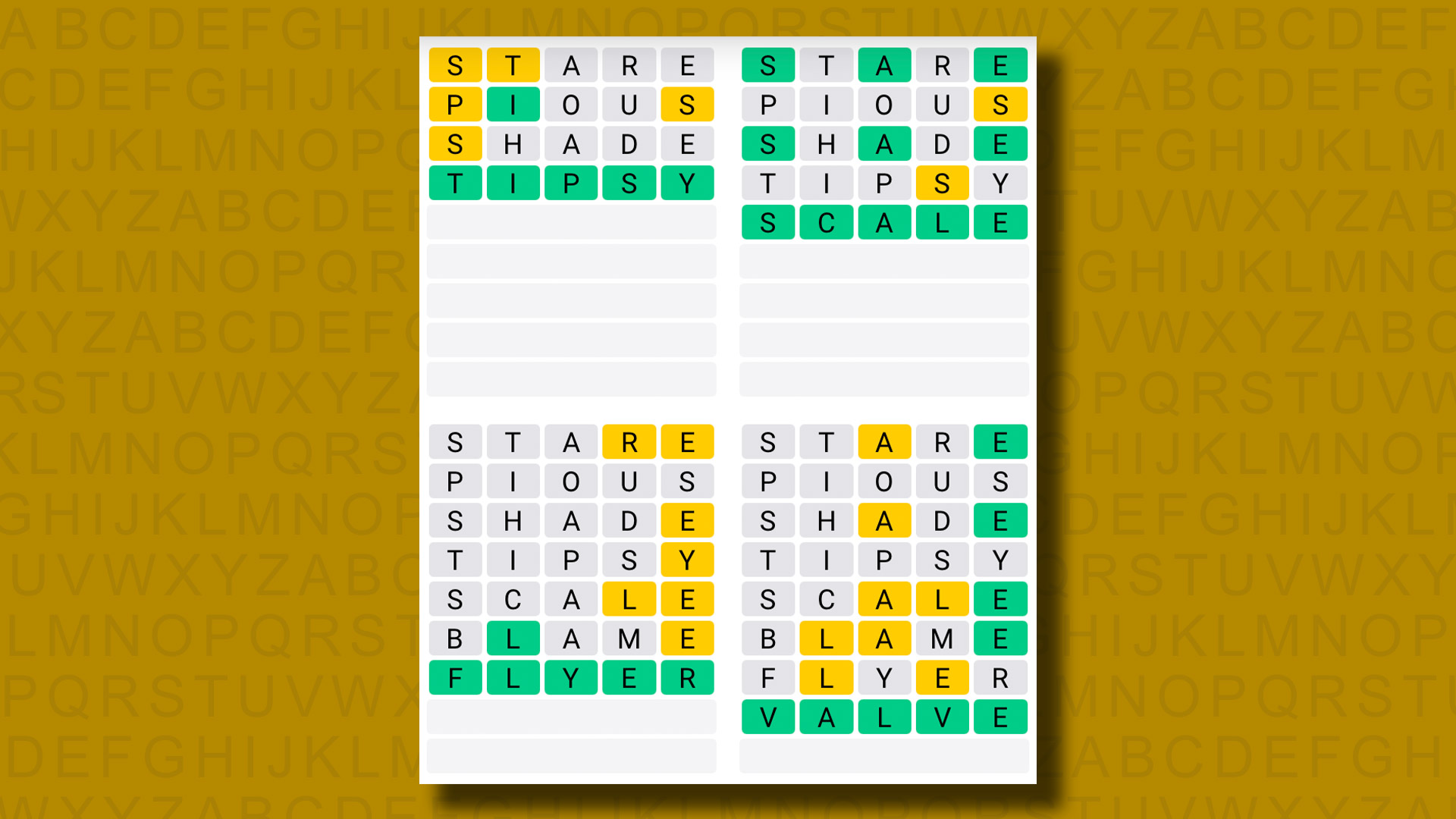 Quordle-antwoorden voor spel 1065 op een gele achtergrond