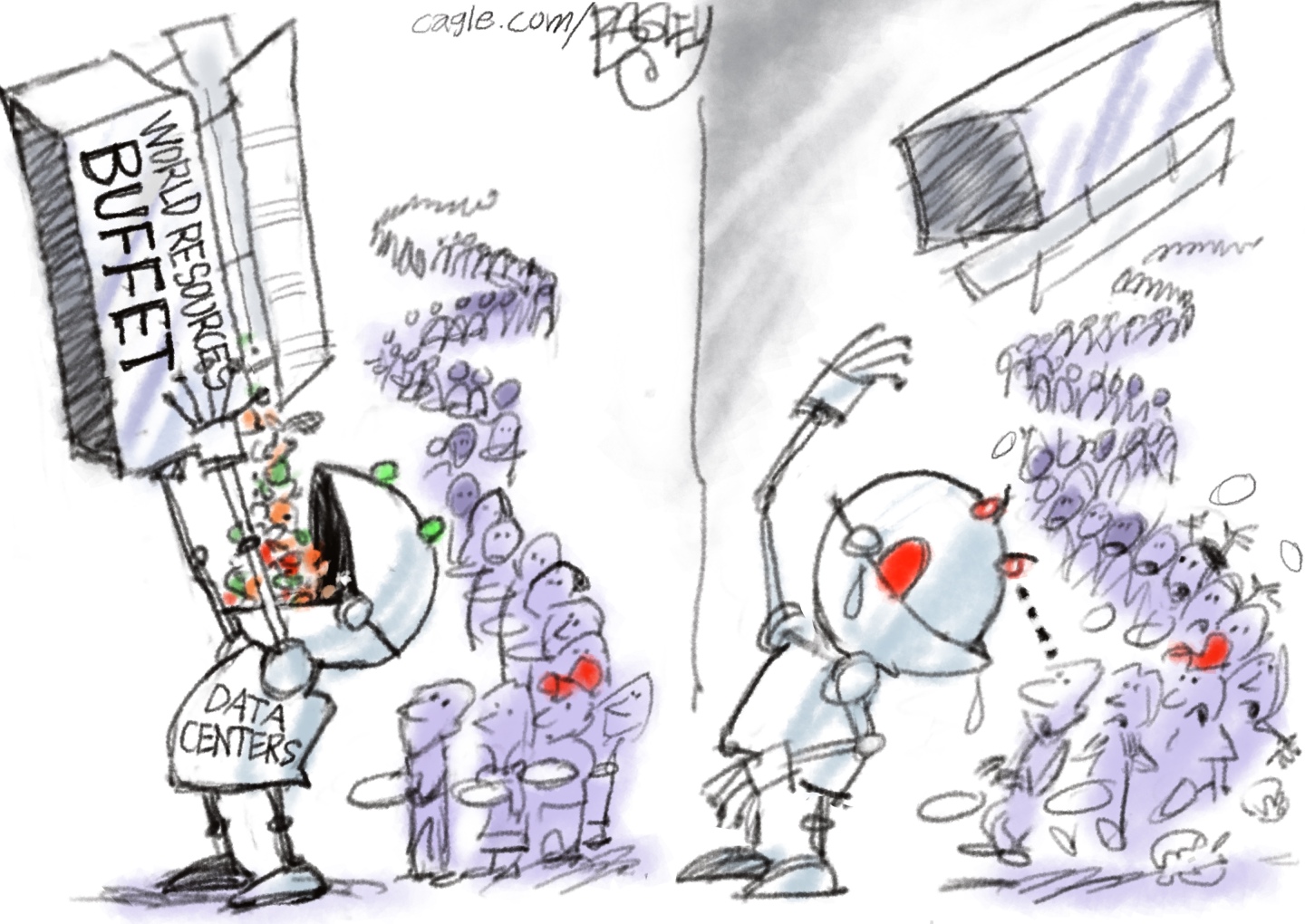 A robot named &amp;ldquo;Data Centers&amp;rdquo; gorges himself on food from a box labeled &amp;ldquo;World Resources Buffet&amp;rdquo; as people wait in line behind it. The people are holding empty bowls. The robot finishes the box and throws it away as it eyes a person to eat next.