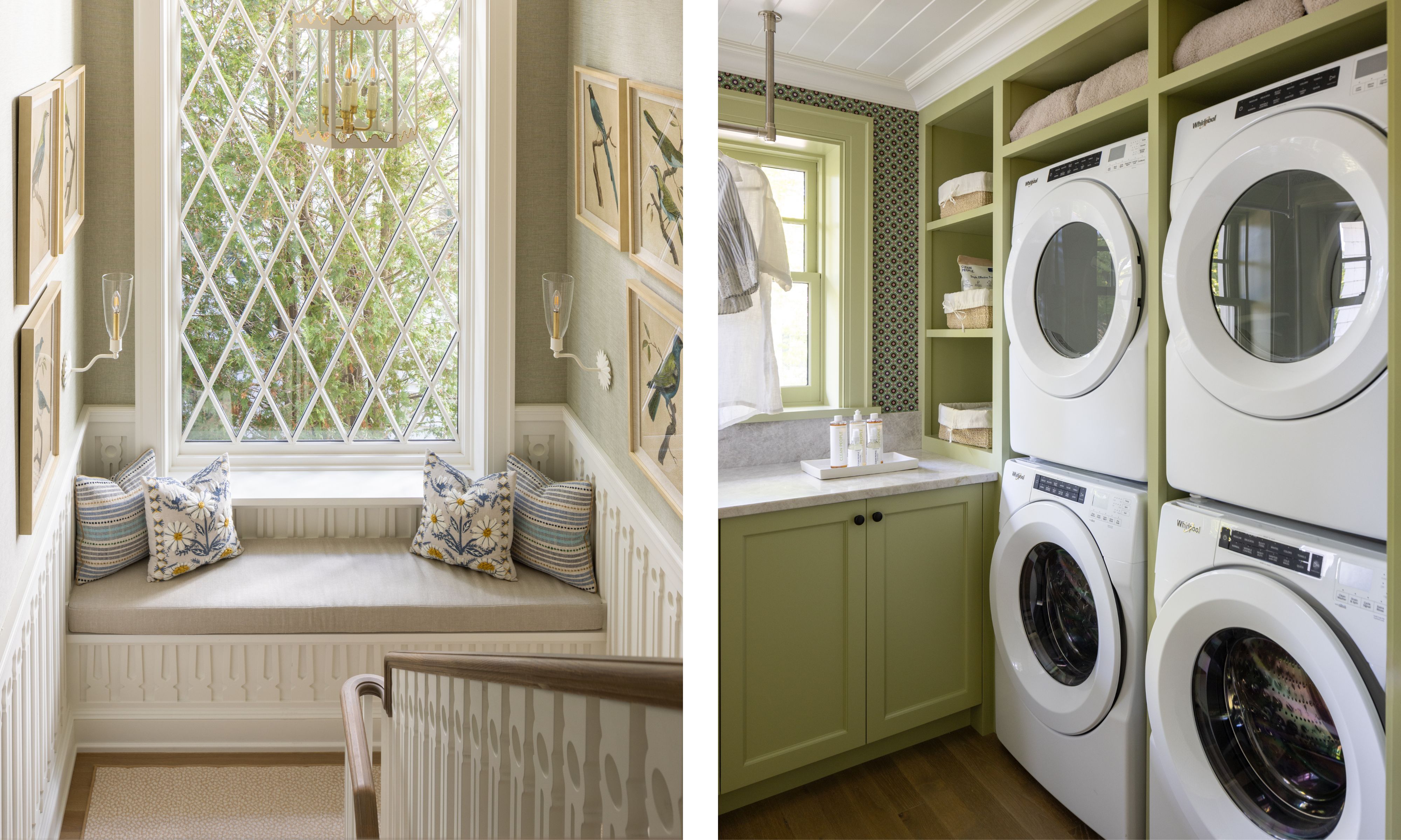 two side by side images of a staircase window seat and a laundry room