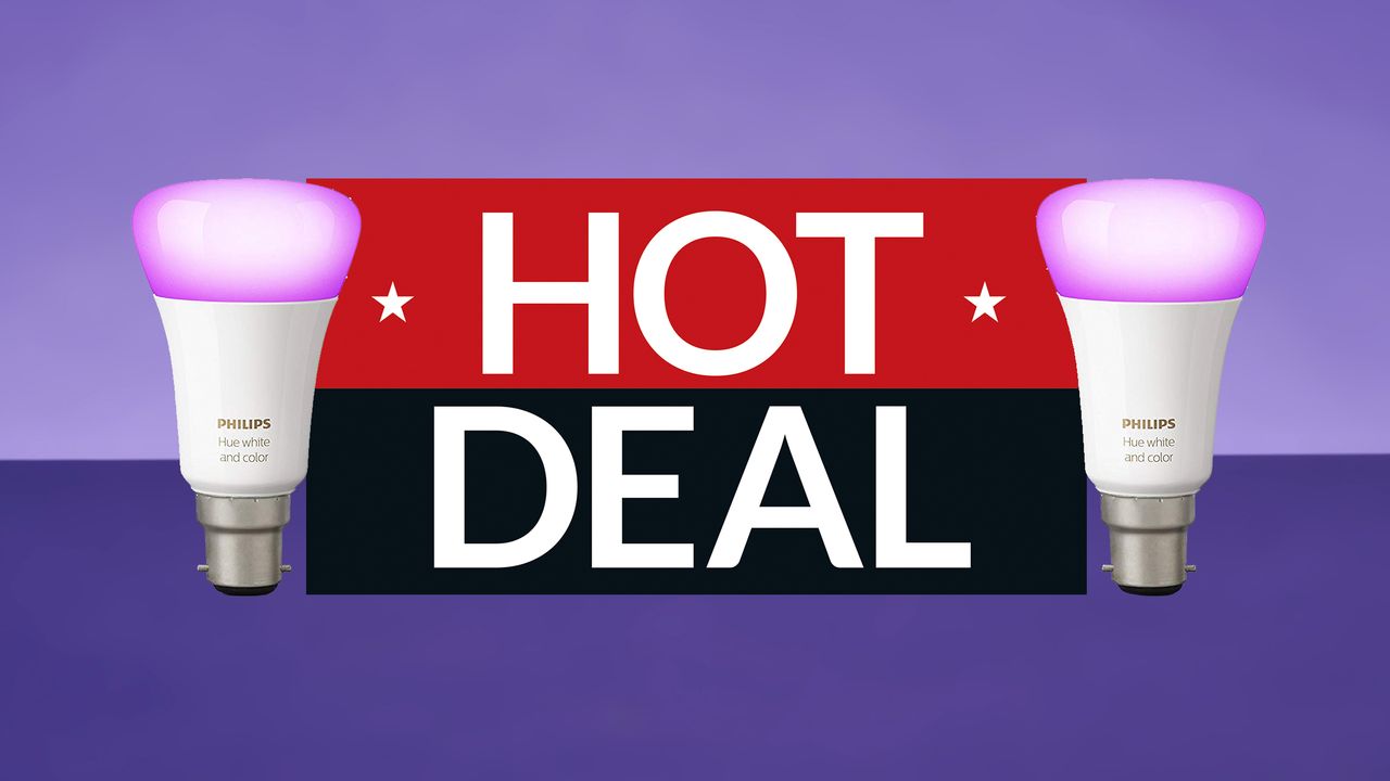 Philips Hue bulbs on purple background, with sign saying Hot Deal