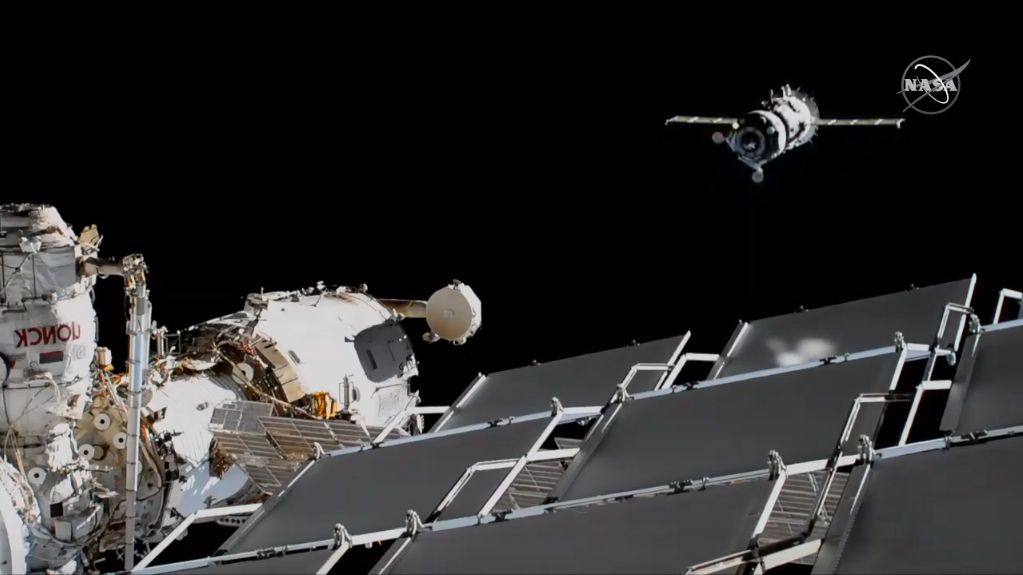 Soyuz commander Alexander Skvortsov of Roscosmos manually flew his Soyuz MS-13 spacecraft (right) from the aft Zvezda module of the International Space Station to a top-mounted Poisk module on Aug. 25, 2019.
