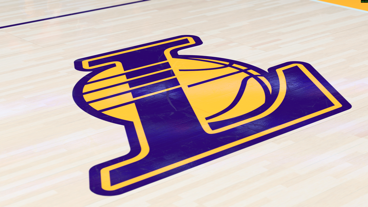 The LA Lakers symbol on the surface of the basket ball court in NBA 2K27 with DLSS 5 off